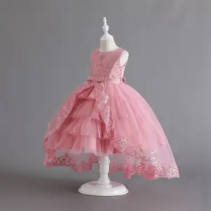 Girl Princess Dress Trailing Sequins Lace Female Model Runway Cospay Training Dancewear Children's Flower Dress