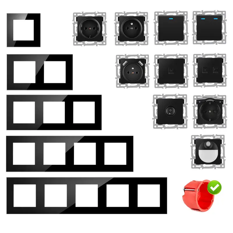 Modul terpasang di dinding dengan panel kaca sentuh hitam Eropa, fungsi tombol sakelar soket daya bebas dikombinasikan
