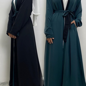 1991# Stunning Reversible Open <b>Abaya</b> With Side Pockets Solid Color Both Sides Wearing Muslim Women Cardigan 5 Colors - Product Image 3