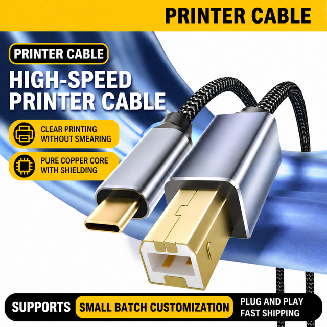 Premium PVC Braided High Speed USB-C USB-B Printer Cable 3A Fast Charging Tinned Copper Conductor for Printer/Scanner/Office Use