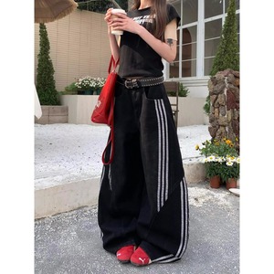 Nouveau jean en denim délavé rétro américain à trois bandes, patchwork, coupe scimitar, mignon, unisexe, coupe bootcut, pantalon long - Product Image 1