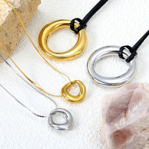 Minimalist Geometric Hollow <b>Ring</b> Pendant <b>Necklace</b> 18k Gold Plated Zinc Alloy Wax Rope Chain Fashion Jewelry - Product Image 1