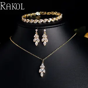 RAKOL SP3387 Women Wedding Jewelry Set Custom Fine Jewelry Set Leaf Cubic Zircon Charm Bracelet Pendant Necklace Bridal Earrings