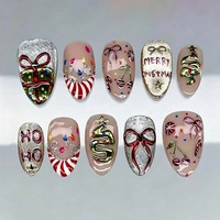 Faux ongles de Noël faits main en gros, forme amande, avec motifs canne à sucre, carreaux rouges et flocons de neige, réutilisables pour les fêtes de fin d'année