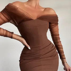 Vestido de cintura alta sexy em cor sólida, venda quente de novo estilo, moda feminina, sexy, cor sólida, fora do ombro, manga comprida, vestido slim