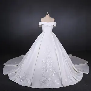 Jancember LSDZ21 Luxury White Plain Satin Long Train Wedding Dress Bridal Gowns