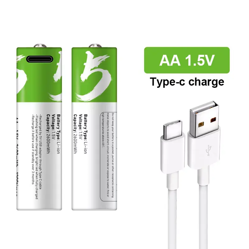 2PCS AA 1.5V USB Rechargeable Batteries 2600 mWh li-ion battery for remote control mouse Electric toy battery + Type-C Cable