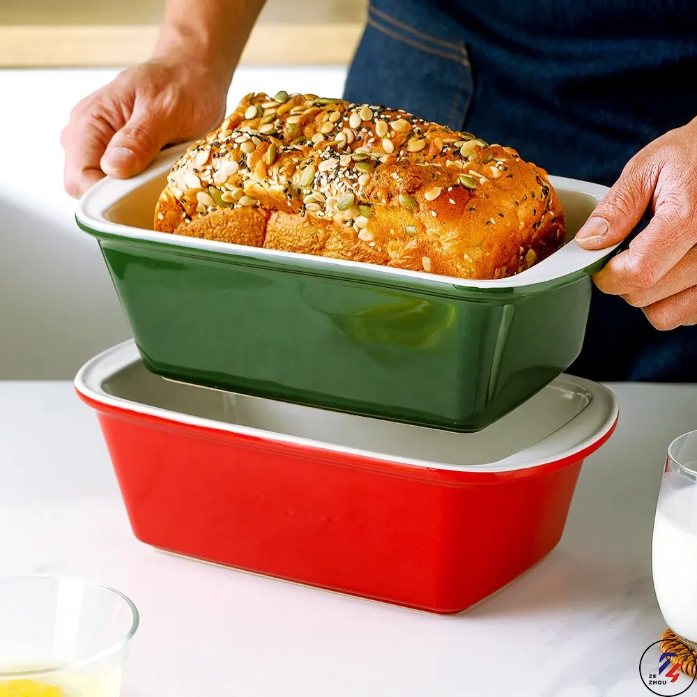 High Quality Ceramic Bread Pan With Two Handles Soft Emboss Design Loaf Shape Toast Baking Dish