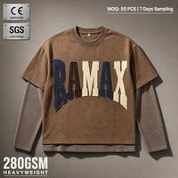 RAMAX Premium 280GSM T-shirt à manches longues deux pièces marron délavé style vintage, effet vieilli, streetwear universitaire, vente en gros OEM ODM