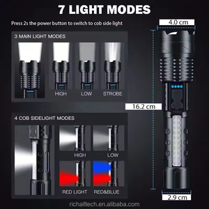 Đèn pin công suất cao 20000 Lumen Đèn LED bên hông Đèn đỏ làm việc Zoom Zoom Đèn pin cầm tay có thể sạc lại với đèn báo nguồn - Product Image 5