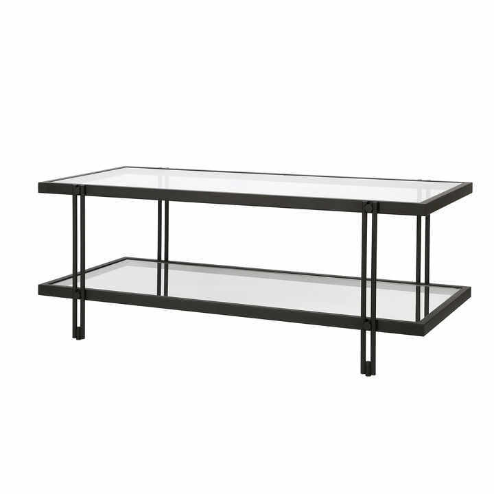 HMS 45 Modern Simple Black Glass and Steel Coffee Table with Shelf Tempered Glass Farmhouse Style for Living Room