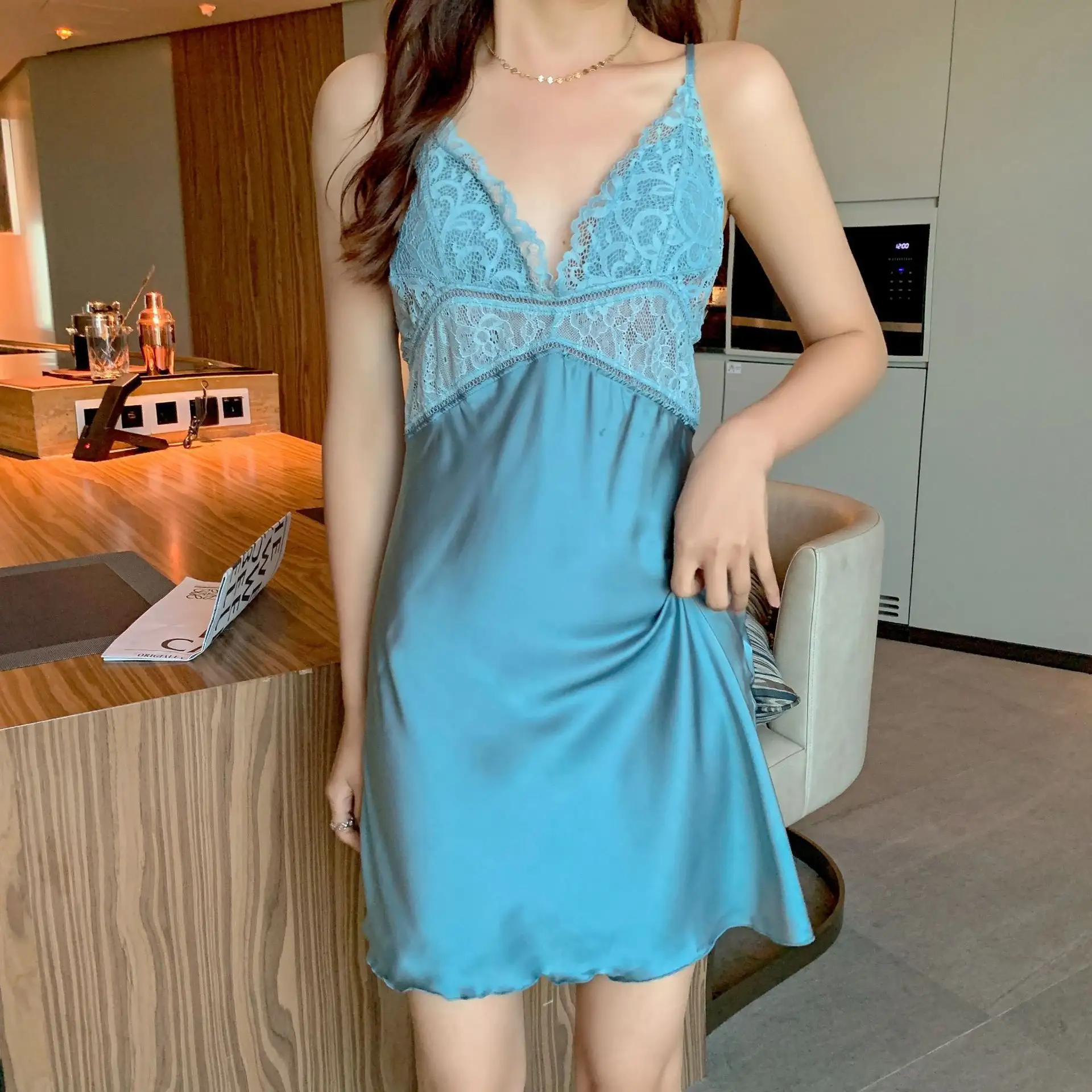 women's luxury silky satin chemise with lace cup night dress for girls sleepwear with removable bust pads