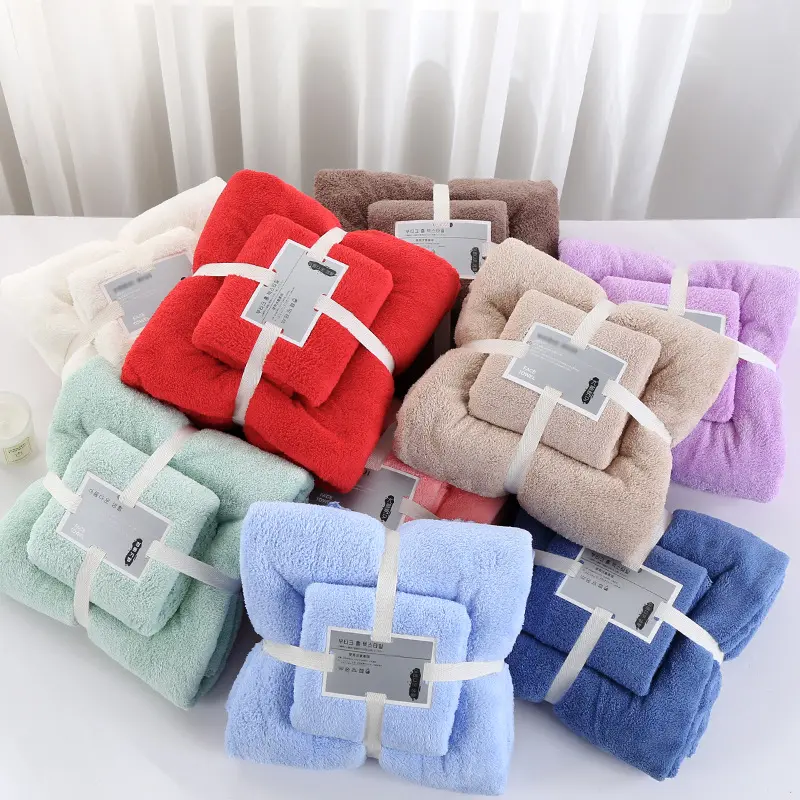 Wholesale Thick 2 Pcs gift bags Custom Logo coral fleece multicolor Soft microfiber Bathroom Towel Sets