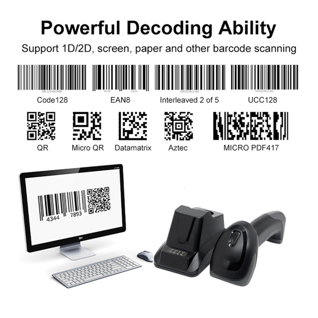 High Performance 2d Wireless Barcode Scanner  Qr Code Reader Scanner with Charging Base