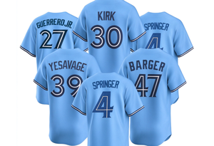 Maillot de baseball bleu clair pour hommes GUERRERO JR # 27/KIRK # 30/SPRINGE # 4/YESAVAGE # 39/BARGER # 47 Nom et numéro cousus courts - Product Image 1
