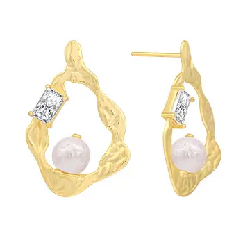 Laodun Luxury 18K Gold Pearl Earrings Female S925 Sterling Silver Zircon Casting Made Textured Drop Stud Earrings