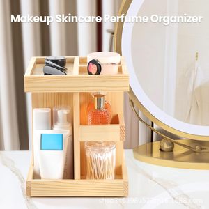 Solid Wood Rotating 3 Layer <b>Desktop</b> Storage Rack For Cosmetics Watches Shavers Bathroom Organizer Natural Color - Product Image 3
