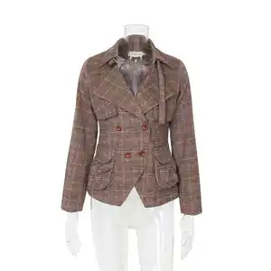 Elegant Coffee Checkered Women Blazer Winter Plaid Jacket Woolen Women&#39;s Coat Ladies Blazer Woven 100% Polyester Breathable