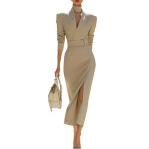 Abito Vintage da Donna, Slim Fit, Scollo a V, Vita Alta, Lunghezza Media, in Poliestere, Moda Autunnale - Product Image 5