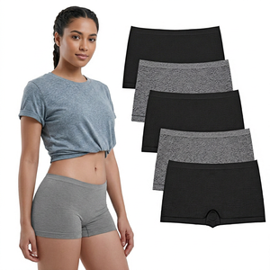 Women's Mid-Rise <b>Boyshort</b> Panties 5-Pack Seamless Solid Knitted Cotton Spandex Breathable Full Coverage Basic Style - Product Image 2