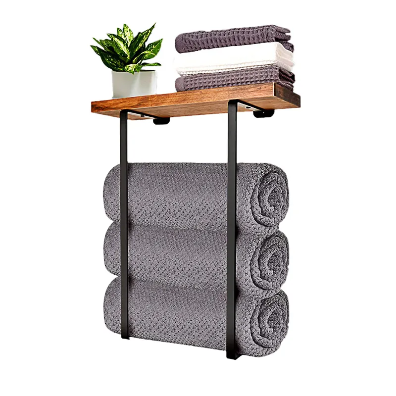 Toalleros para baño montados en la pared, toallero de metal con estante de madera, Toalla de baño enrollada y organizador de almacenamiento de toallas de mano