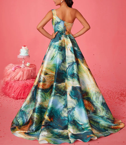 Nouvelle jupe longue de soirée de gala pour femme 2025, en satin à imprimé texturé artistique, asymétrique à une épaule, coupe trapèze, écologique, fendue haute, de luxe - Product Image 2
