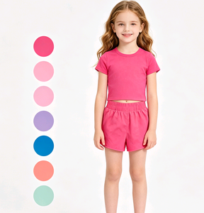 Conjunto de 2 Piezas de Ropa Deportiva para Niñas Pequeñas, Camiseta y Pantalones Cortos de Color Sólido, Estilo Casual para Primavera y Otoño, con Estampado - Product Image 1