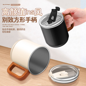 Taza de Café AkL de Acero Inoxidable 316, 430 ml, Asa con Diseño de Madera, Doble Capa Aislada, con Tapa, para Oficina - Product Image 1