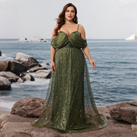 Robe de soirée en tulle vert olive à sequins grande taille, épaules dénudées, bretelles spaghetti, corsage drapé, coupe trapèze, longueur ras du sol, pour bal de promo - Vente en gros