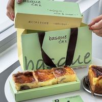 Boîte en papier longue personnalisée avec logo pour cheesecake basque, ensemble d'emballage de pâtisserie avec poignée en ruban, sac fourre-tout en papier pour boulangerie OEM ODM