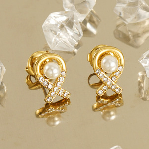 ZOGXIN Stud Earrings 18K Gold Plated Pearl Cross U-Shaped Airplane Design For Women Fashion Jewelry Gift - Product Image 4