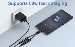 Câble de charge rapide 60W USB 2-en-1 avec adaptateur PD Type C <span class=keywords><strong>et</strong></span> prise <span class=keywords><strong>jack</strong></span> 3,5 mm pour casque, gaine TPE, conducteur en cuivre étamé - Product Image 6