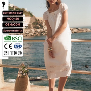 Vestido midi para mujer con cuello cuadrado, manga corta abullonada, bordado de ojales, dobladillo de encaje, vestido holgado de verano para playa, personalizado para mujer - Product Image 1