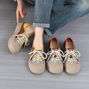 Chaussures basses tendance printemps 2025 pour femme, style rétro décontracté, à semelle épaisse/souple, en cuir de vachette colorblock, plateforme vert/kaki, talon moyen - Product Image 5