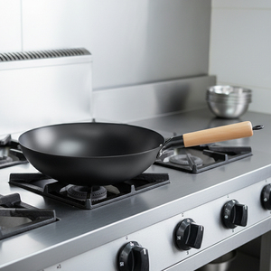 <span class=keywords><strong>Wok</strong></span> Chinês Sem Revestimento Químico, Woks de Aço Carbono Pré-temperados com Cabo de Madeira para Uso em Restaurantes e Cozinhas de Hotéis - Product Image 3
