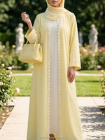Abaya personnalisée OEM élégante et respirante en 100 % polyester avec broderie florale marguerite, robe islamique décontractée longue et modeste à devant ouvert pour femme