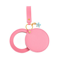 Miroir de maquillage rond en cuir PU transfrontalier en promotion - Pendentif porte-clés pour miroir, élégant et magnifique