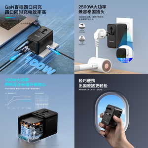OULiYO GaN Travel Adapter 100W 4 <b>USB</b> Ports PD Fast Charging Universal <b>Plug</b> for Global Use - Product Image 1