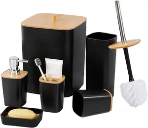 Bamboo Bathroom Accessories Set 6 Pieces With Eco-friendly Toilet Accessories Wooden Essential Bathroom Set