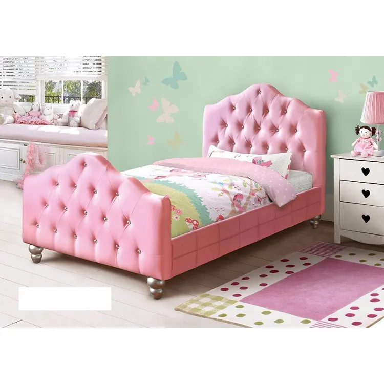 King Queen Double Small Single Size Kid Children Girl European Upholstery Soft Button Upholstered Cheap Pink Faux Pu Leather Bed