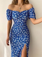 Robe d'été pour femmes à épaules dénudées Sexy Slim Puff Short Sleeves Dress Floral French Style Pencil Midi Long Casual Split Dress
