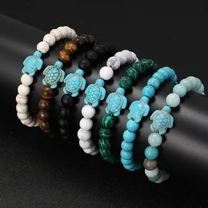 Bracelet tortue en pierre naturelle perlée breloque tortue de plage de mer 8mm oeil de tigre Turquoise lave femmes hommes perles bracelets élastiques - Product Image 4