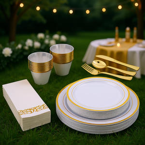 Service de vaisselle jetable doré 175 pièces, assiettes, gobelets, fourchettes, cuillères, couteaux, serviettes en plastique pour fête, mariage, remise de diplôme - Product Image 2