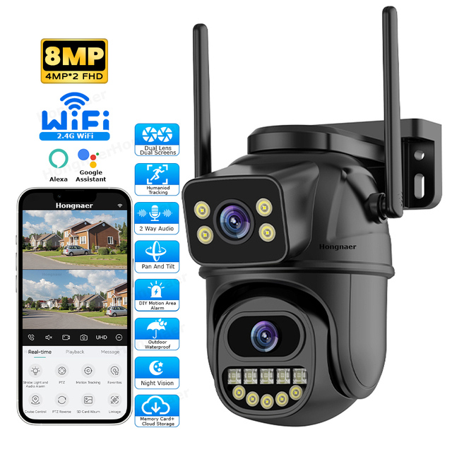Hongnaer Night Vision Outdoor Wireless 360 Surveillance IP Camera ICSee 8MP 4K Ultra HD WiFi Security Video Network CCTV Camera