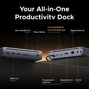 Maxidok Thunderbolt 5 Docking Station 10 in 1 USB-<b>C</b> <b>HUB</b> 2xTBT5 140W 120Gbps 8K60Hz DP SD&TF Gigabit RJ45 for Laptop PC About Thi - Product Image 5