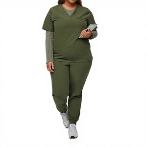 Conjunto de uniforme médico para mujer, color verde oliva, top con cuello en V y bolsillo, y pantalones a juego, mezcla de algodón, tejido de punto. - Product Image 1