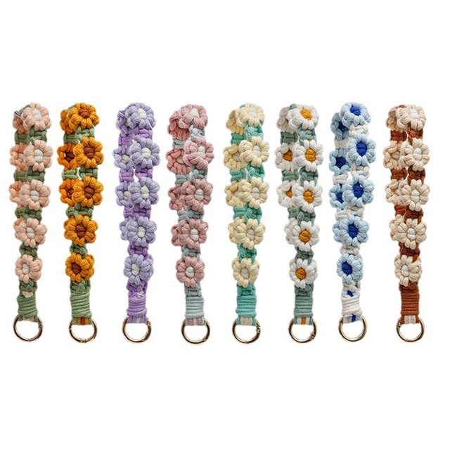 Cotton Rope Bracelet Keychain Daisy Flower Wristlet Key Chains Braid Phone Rope Strap Bag Charm Pendant Macrame Phone strap