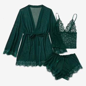 Nouvelle collection transfrontalière de pyjamas pour femmes européennes et américaines, ensemble 3 pièces en dentelle, taille élastique, respirant, bretelles, combinaison d'été, chemise de nuit, source - Product Image 2