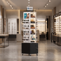 Présentoir optique en bois sur mesure pour salon professionnel, présentoir à lunettes et lunettes de soleil avec roulettes et boîte de rangement