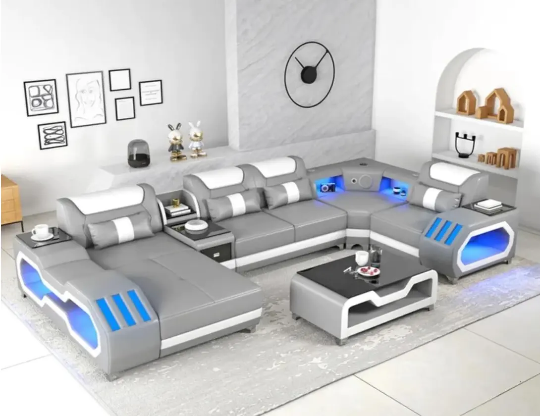 Mayoristas moderno en forma de U inteligente USB cuero sofá altavoces seccional LED sofá almacenamiento sala de estar sofá conjunto